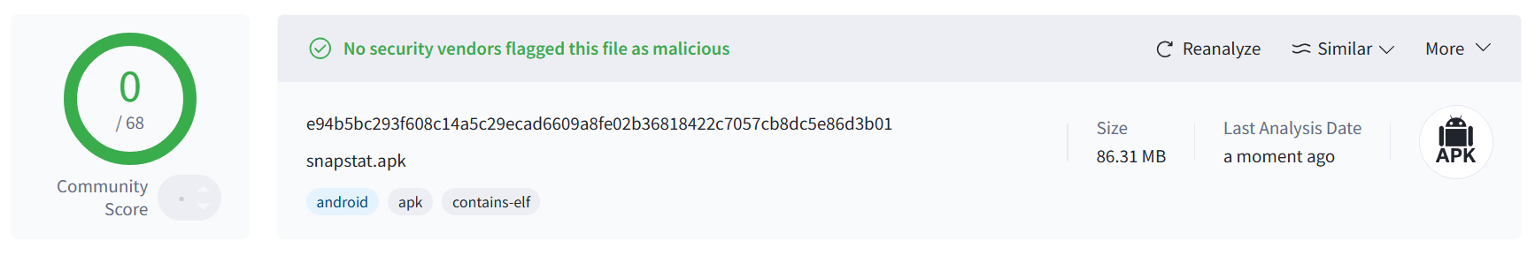 VirusTotal result showing no detections for the SnapStat APK